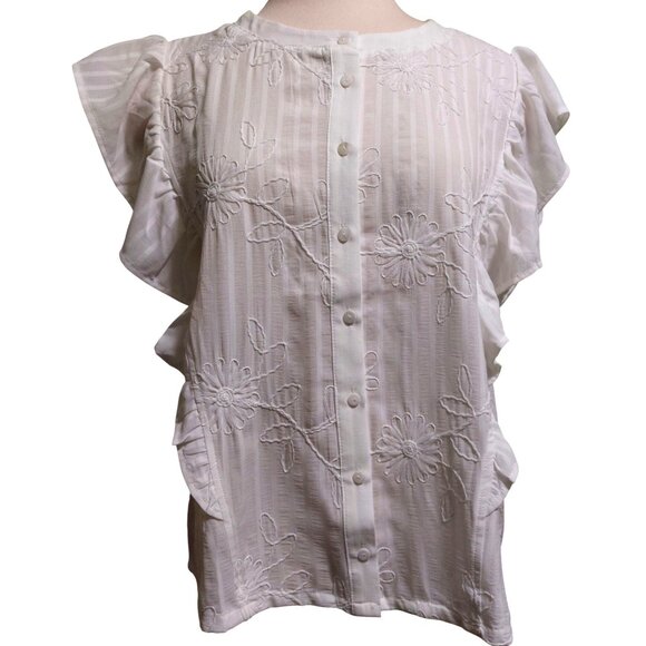 NWT Voy White Floral Embroidered Sleeveless Ruffle Button-Up Blouse Size Large - Picture 9 of 9